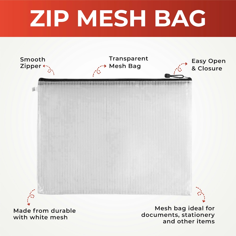 image 1 of Pack of 12 A4 Black Zip Strong Mesh Bags - Tough Waterproof Storage