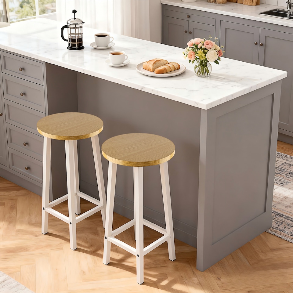 image 1 of Groundlevel Set Of 2 Wooden Tall Bar Stools Bar Chair Breakfast Kitchen Counter | Cream | Natural