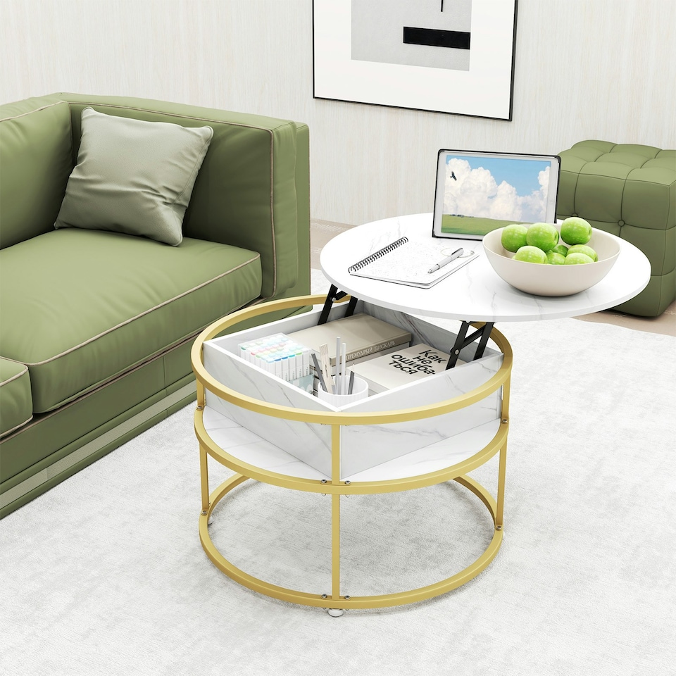 image 1 of COSTWAY Lift Top Coffee Table with Side Shelves White
