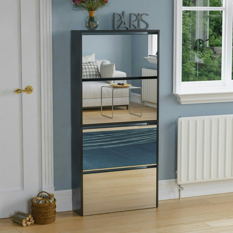 image 1 of Vida Designs Welham 4 Drawer Mirrored Shoe Cabinet Shoe Rack Storage Cupboard, Black