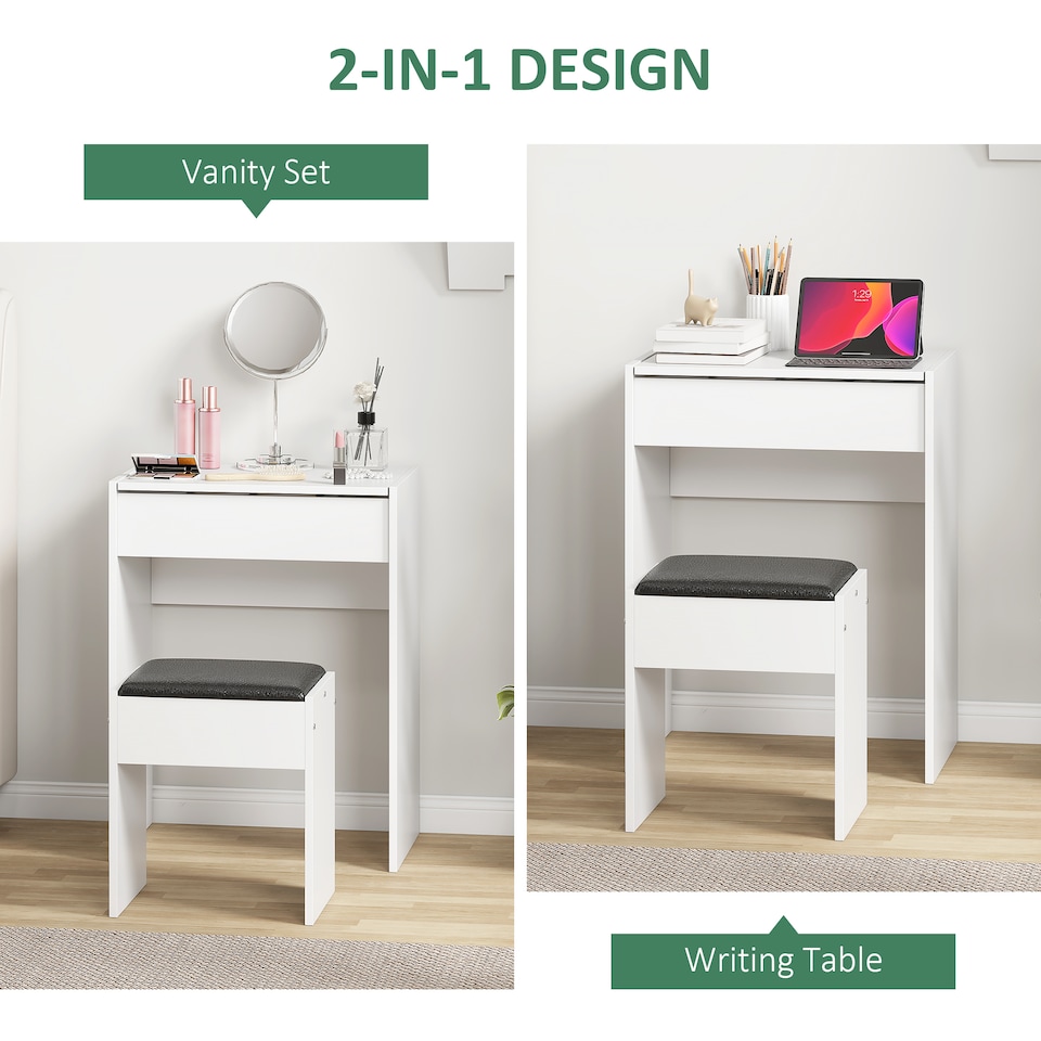 image 1 of HOMCOM Dressing Table with Mirror and Stool, Vanity Makeup Table with Flip Up Mirror, Vanity Desk with Storage Unit and Padded Seat, White