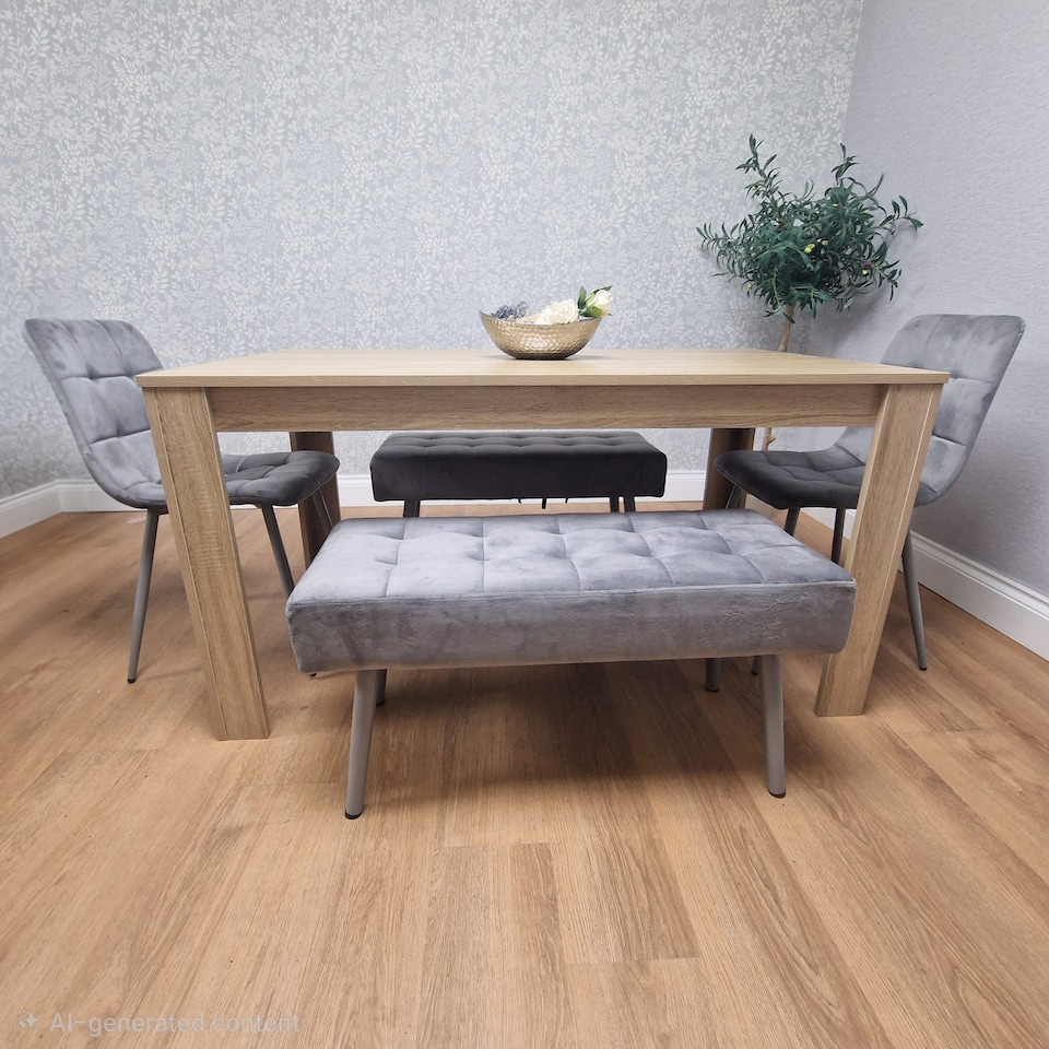 image 1 of Oak Effect Dining Table with 2 Grey Velvet Chairs and 2 Benches  Dining Set