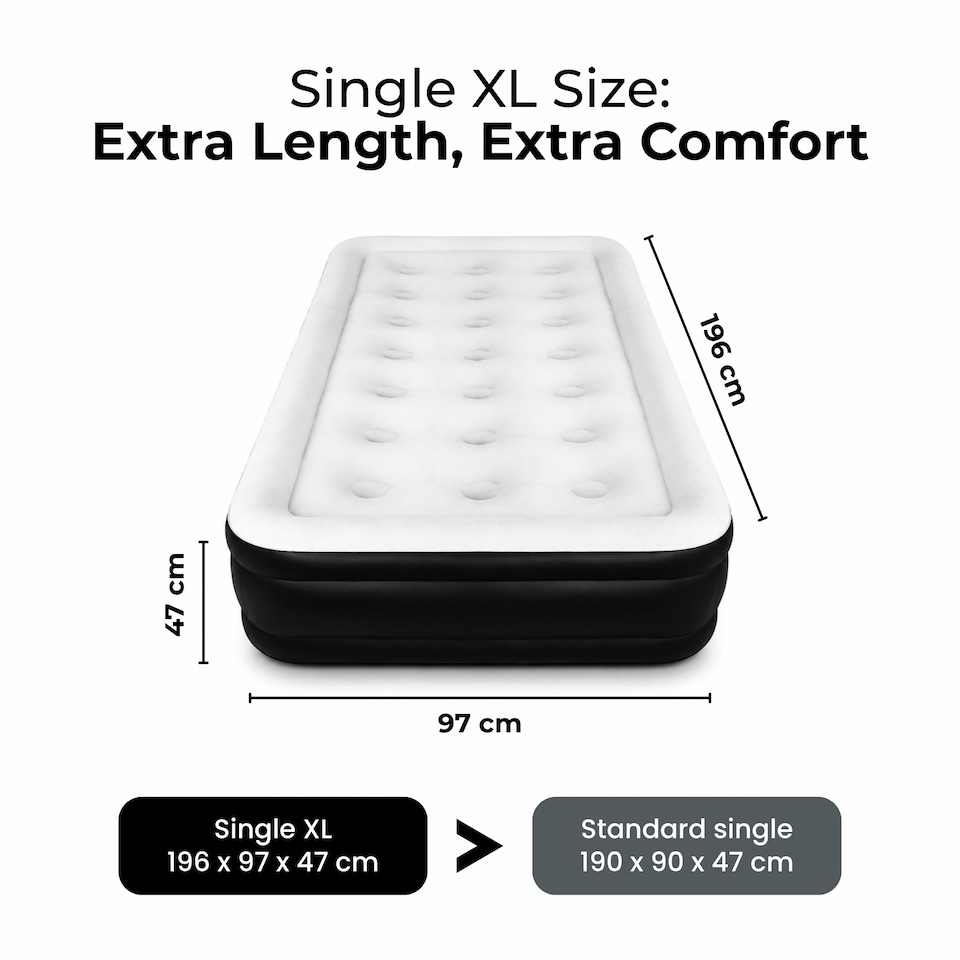 image 1 of Straame Single XL Air Bed with Built-in Pump, Inflatable Mattress 196 x 97 x 47 cm