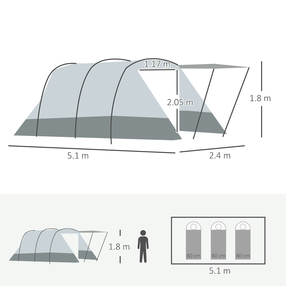 image 1 of Outsunny 6-8 Person Tunnel Tent, Two-room Camping Tent with Carry Bag, Grey