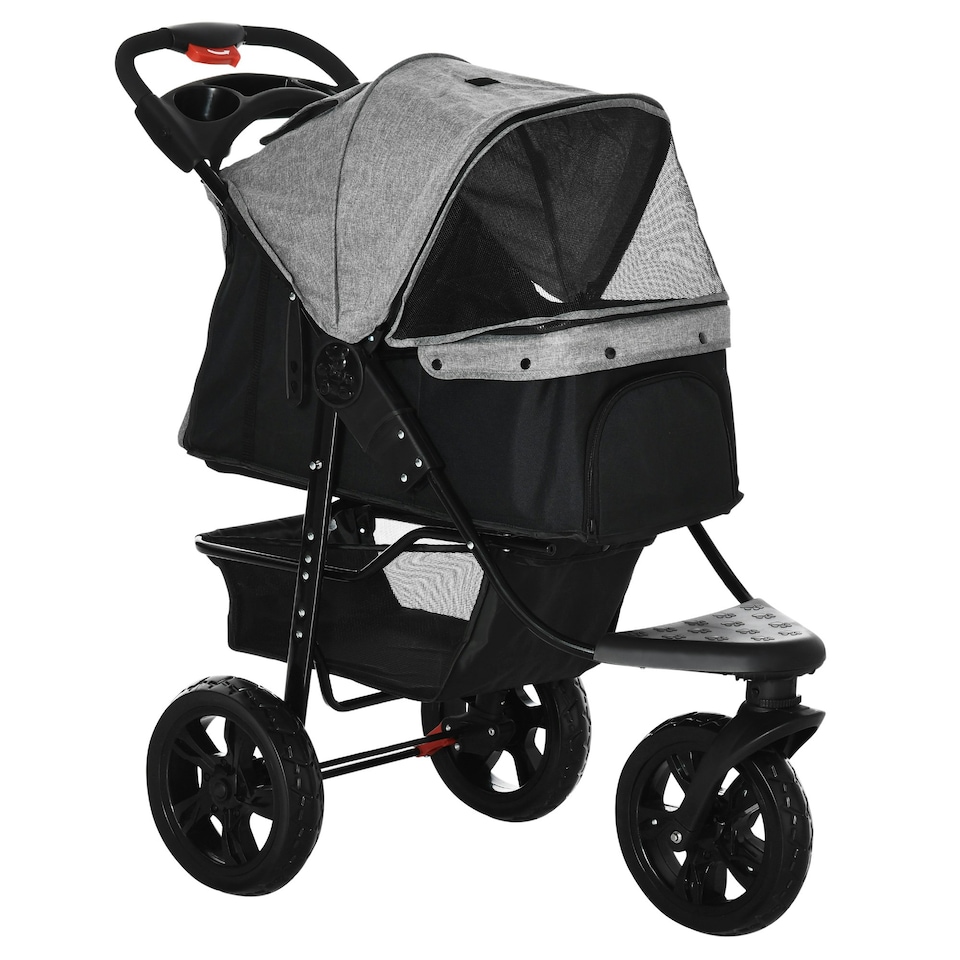 image 1 of PawHut Folding 3 Wheel Pet Stroller Travel Adjustable Canopy Storage Brake Grey