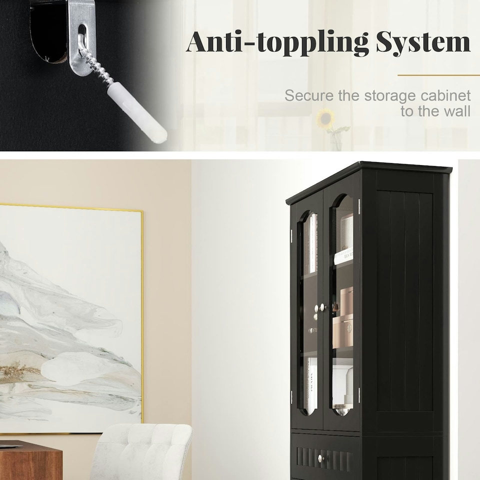 image 1 of COSTWAY 160cm Bathroom Storage Cabinet Freestanding Black Black