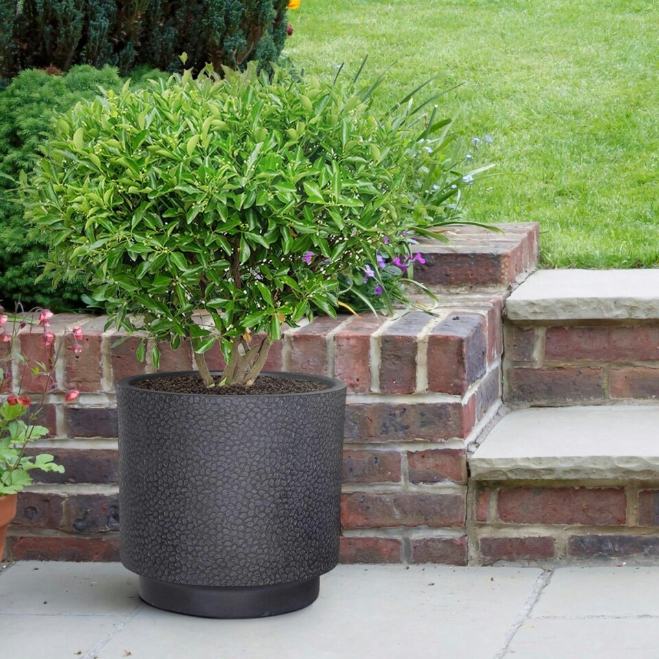 image 1 of Hammered Stone Black Cylinder Planter, Outdoor Plant Pot D36 H36 cm, 30.9 ltrs Cap.