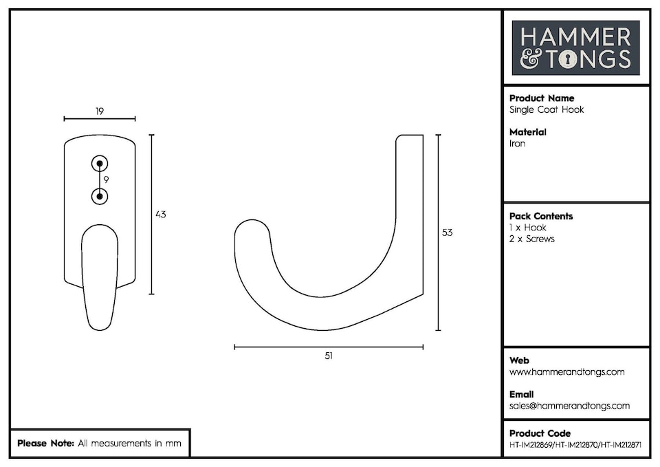 image 1 of Hammer & Tongs Single Coat Hook - W20mm x H55mm - Black | Black | Black | One Size