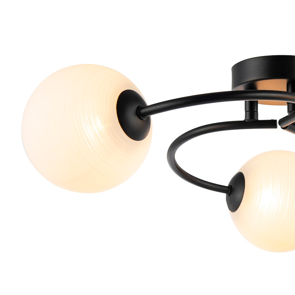 image 1 of Modern 3-Arm Matte Black Ceiling Light with Opal Swirl Glass Spherical Shades | Black