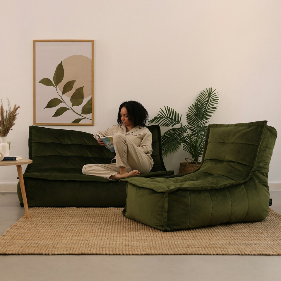 image 1 of icon Kota Velvet XL Bean Bag Sofa & Lounger Set Olive Green Bean Bag Chair Green