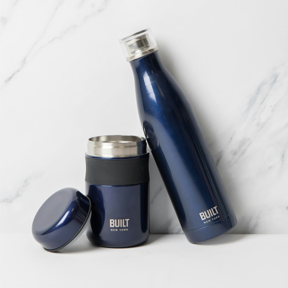 image 1 of 2pc Midnight Blue On-the-Go Set with Perfect Seal 740ml Double Walled Hydration Bottle and 490ml Food Flask Blue | ONE SIZE