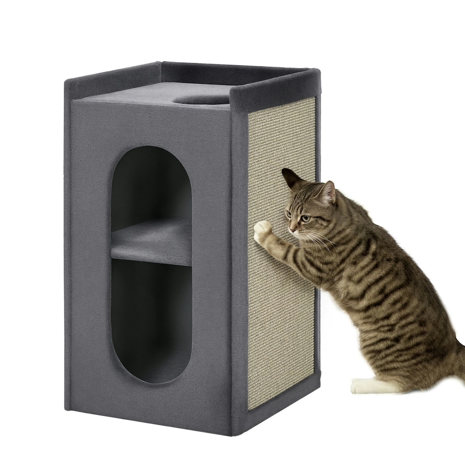 image 1 of PawHut 2-Tier Cat House with Scratching Pad Plush, 81cmH, Grey