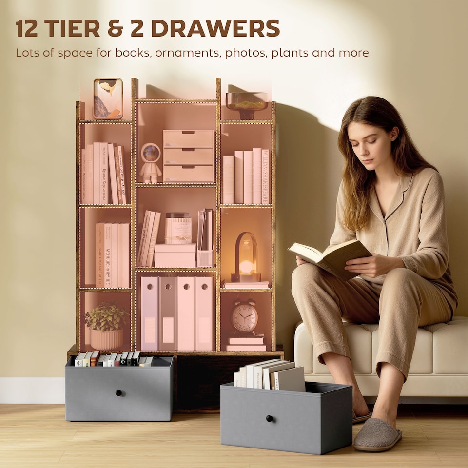 image 1 of HOMCOM Tree Bookshelf, 12-Tier Floor Standing Bookcase with 2 Foldable Drawers, Freestanding Book Shelf Storage Display Shelving Unit for Living Room, Home Office, Bedroom, Rustic Brown