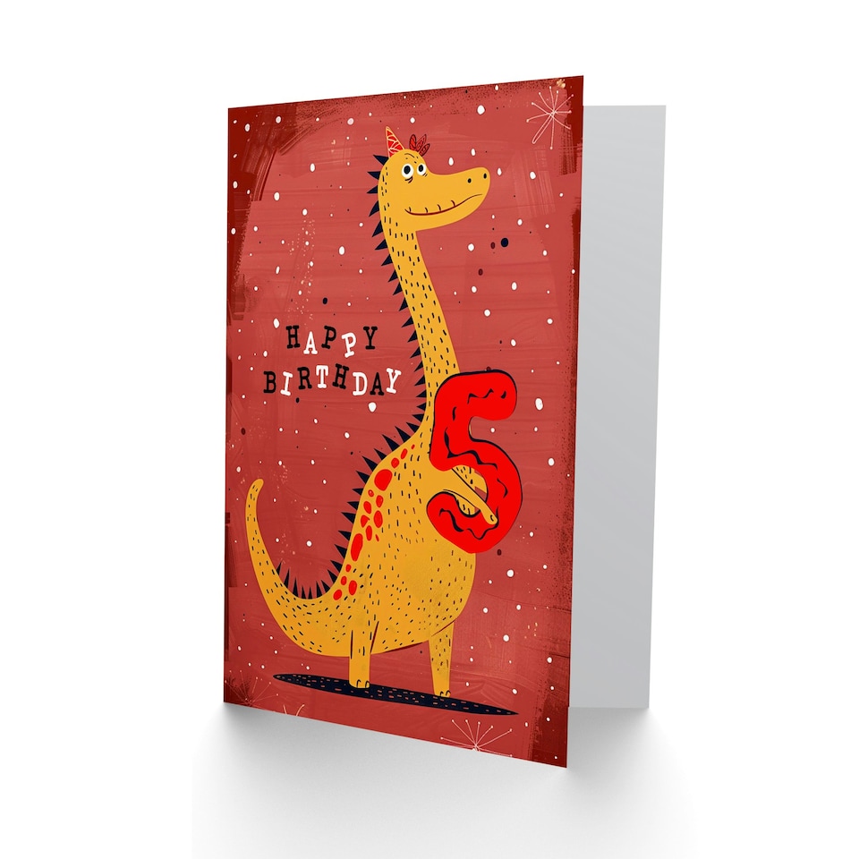 image 1 of Spiky Yellow Red Dinosaur Cartoon Cute 5th 5 Year Old Child Kids Birthday Card