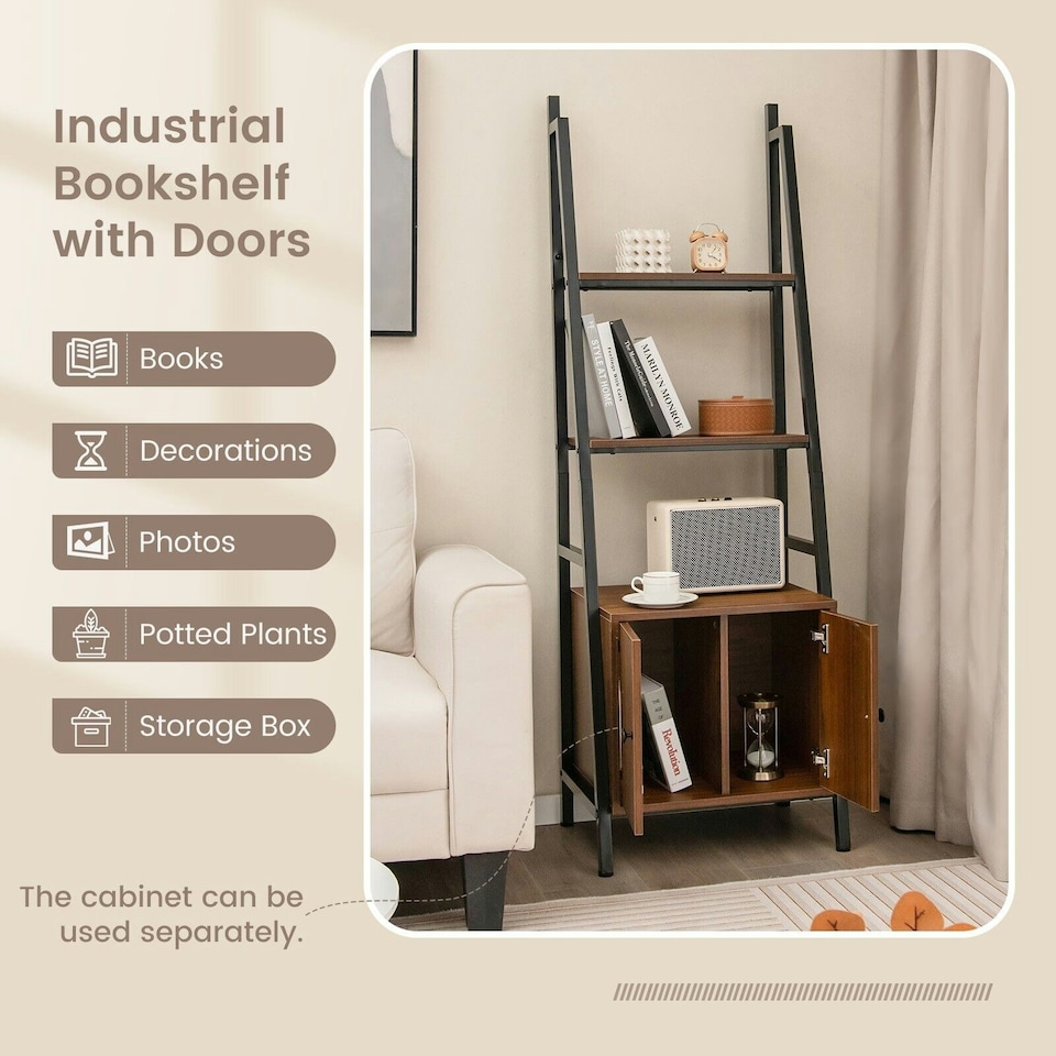 image 1 of COSTWAY 4-Tier Ladder Shelf Bookshelf Industrial Bookcase Brown