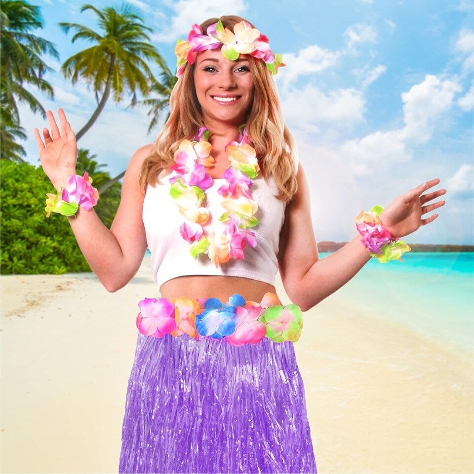 image 1 of 80cm Hawaiian Long Purple Hula Skirt & Lei | Purple | 1
