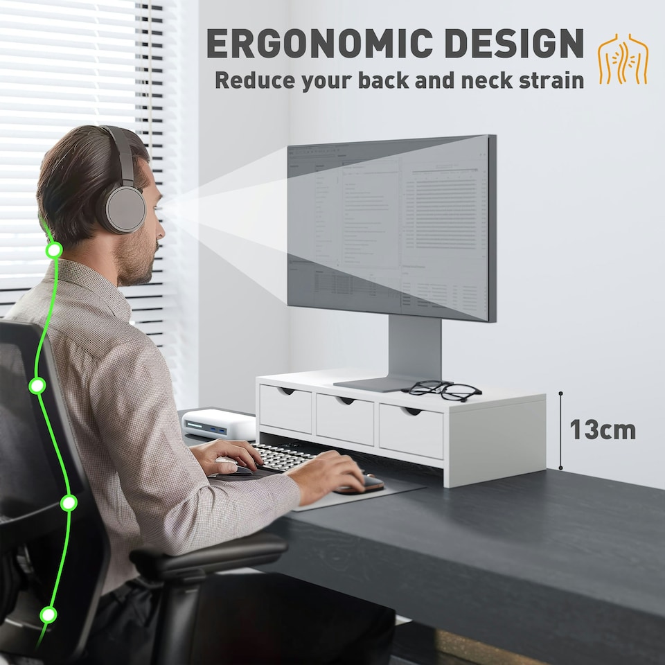 image 1 of HOMCOM Monitor Stand Riser with 3 Drawers for Laptop, Computer, PC, White