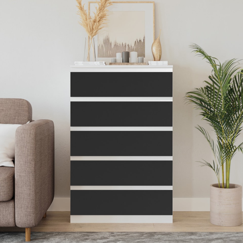 image 1 of Minimalist Chest of 5 Drawers 108.5x70x35 | White | White & Black | 1