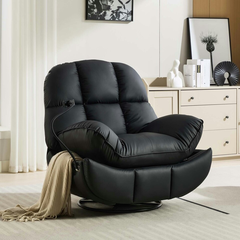 image 1 of Chicago Faux Leather Swivel & Rocker Manual Recliner Chair Black Black