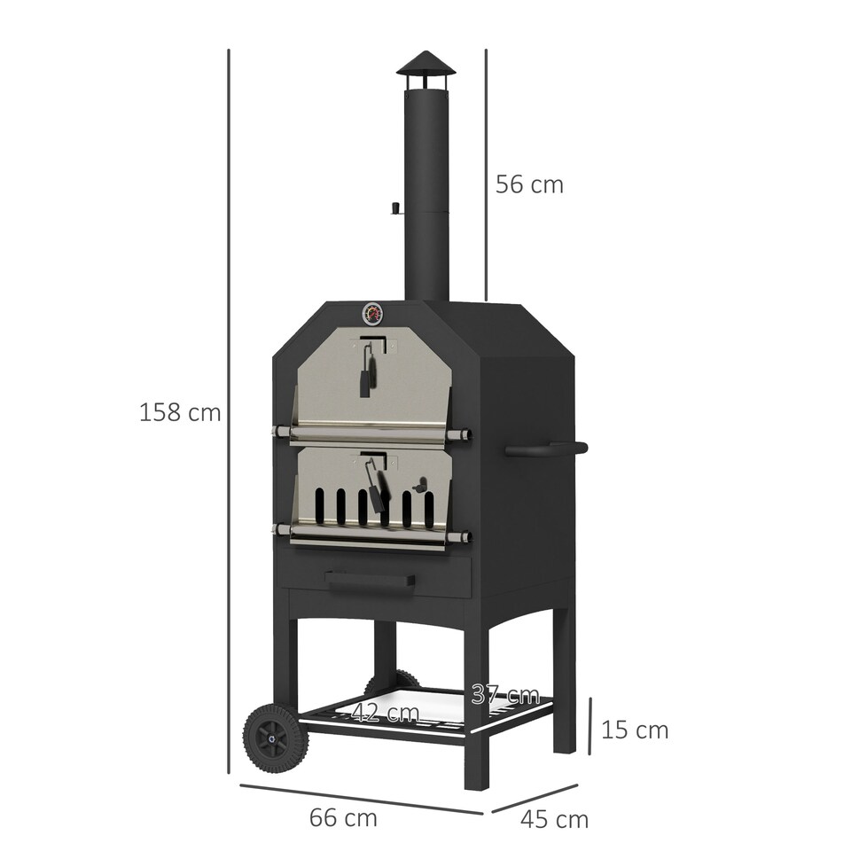 image 1 of Outsunny Outdoor Pizza Oven Charcoal Grill with Rain Cover, Shelf and Wheels