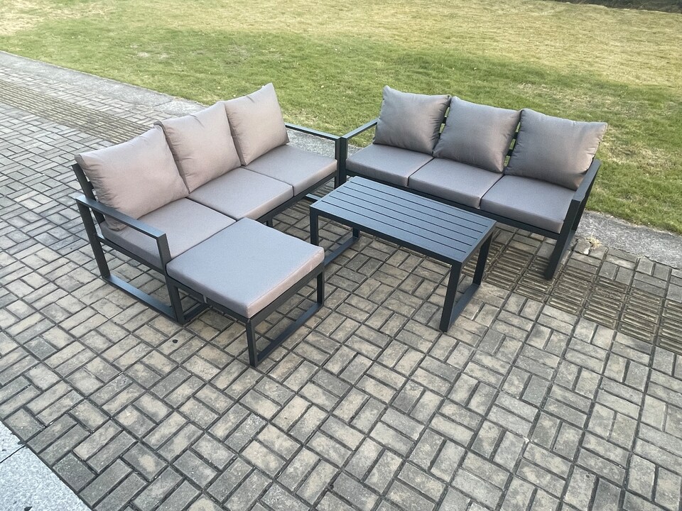 image 1 of Fimous Aluminium 4 Pieces Outdoor Garden Furniture Lounge Sofa Set with Oblong Coffee Table Big Footstool Dark Grey