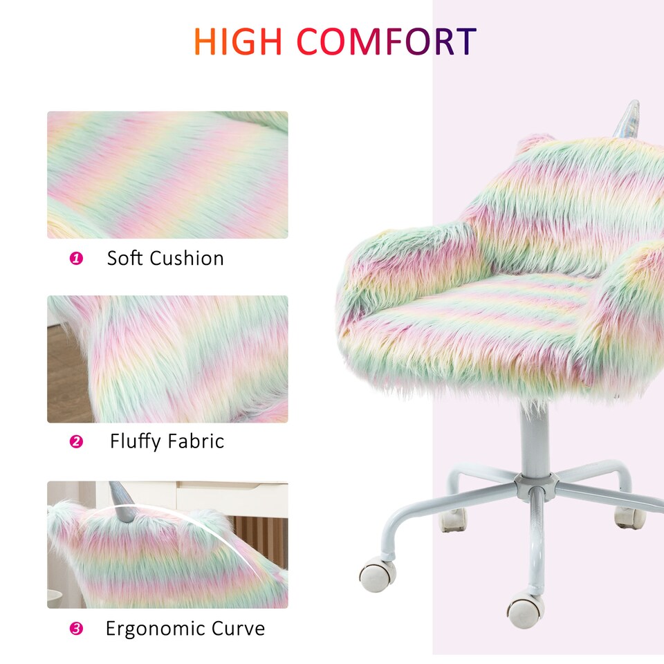 image 1 of Vinsetto Fluffy Desk Chair with Arms, Faux Fur Home Office Chair, Unicorn Swivel Chair with Adjustable Height and Wheels, Colourful