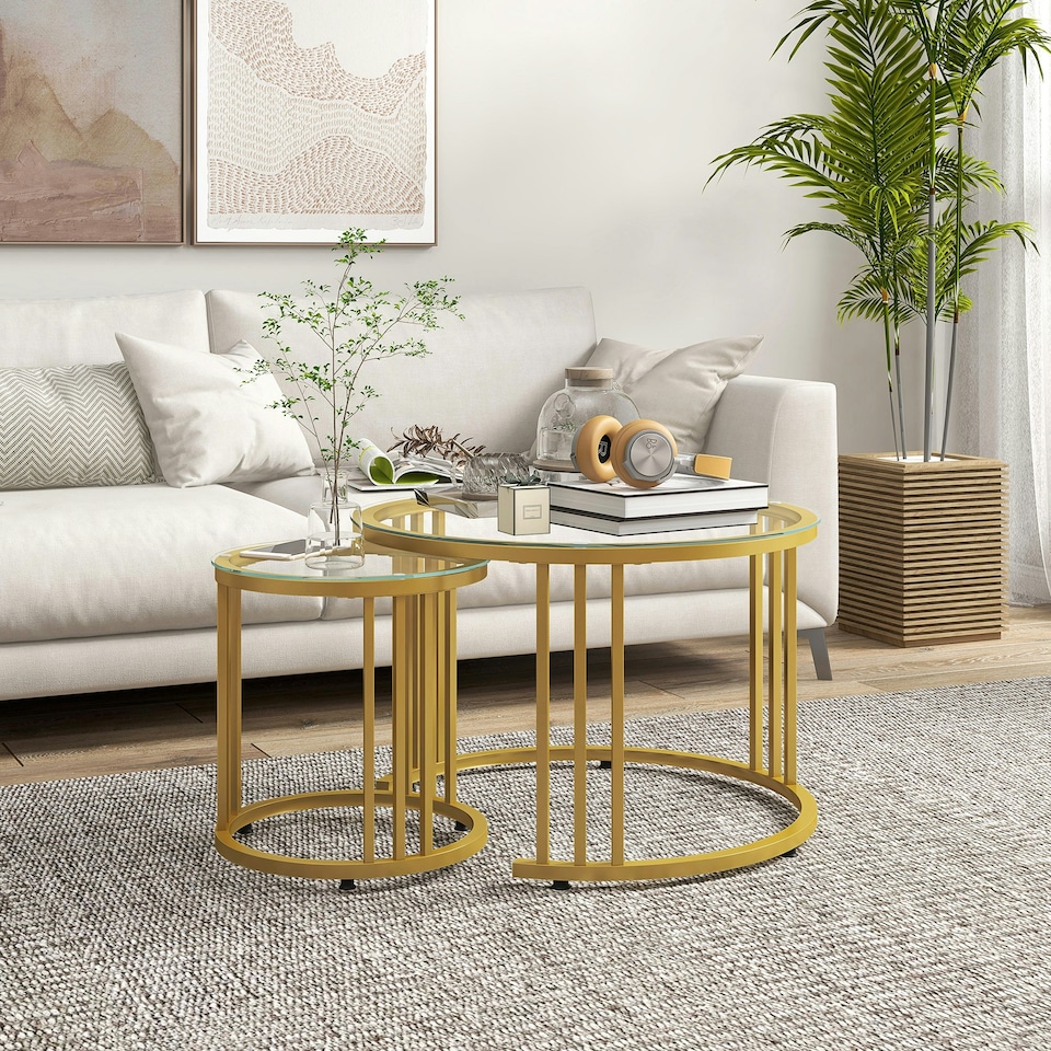 image 1 of HOMCOM 2 Pieces Round Nesting Coffee Tables with Tempered Glass Top, Gold Tone | Gold | 60x60x47