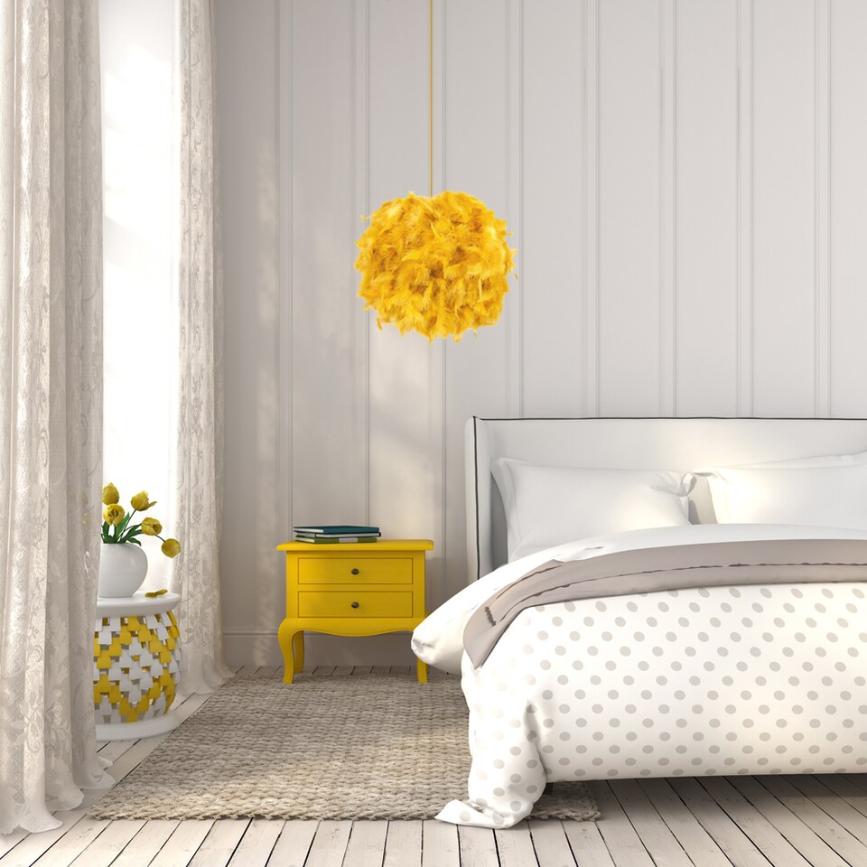 image 1 of Eye-Catching and Designer Small Ochre Feather Decorated Pendant Lighting Shade | Yellow