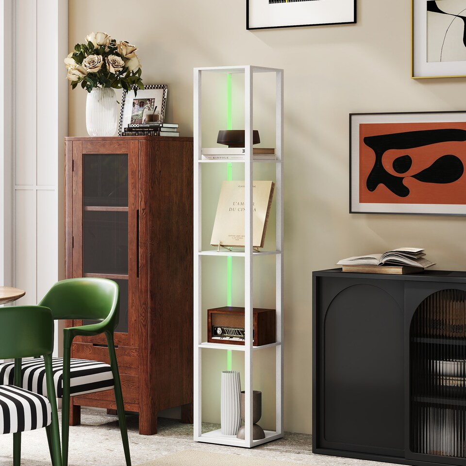 image 1 of HOMCOM RGB LED Floor Lamp with Shelves, Modern Dimmable Standing Lamp with Remote Control, Adjustable Brightness & Speed for Living Room, Bedroom, Office, White | White