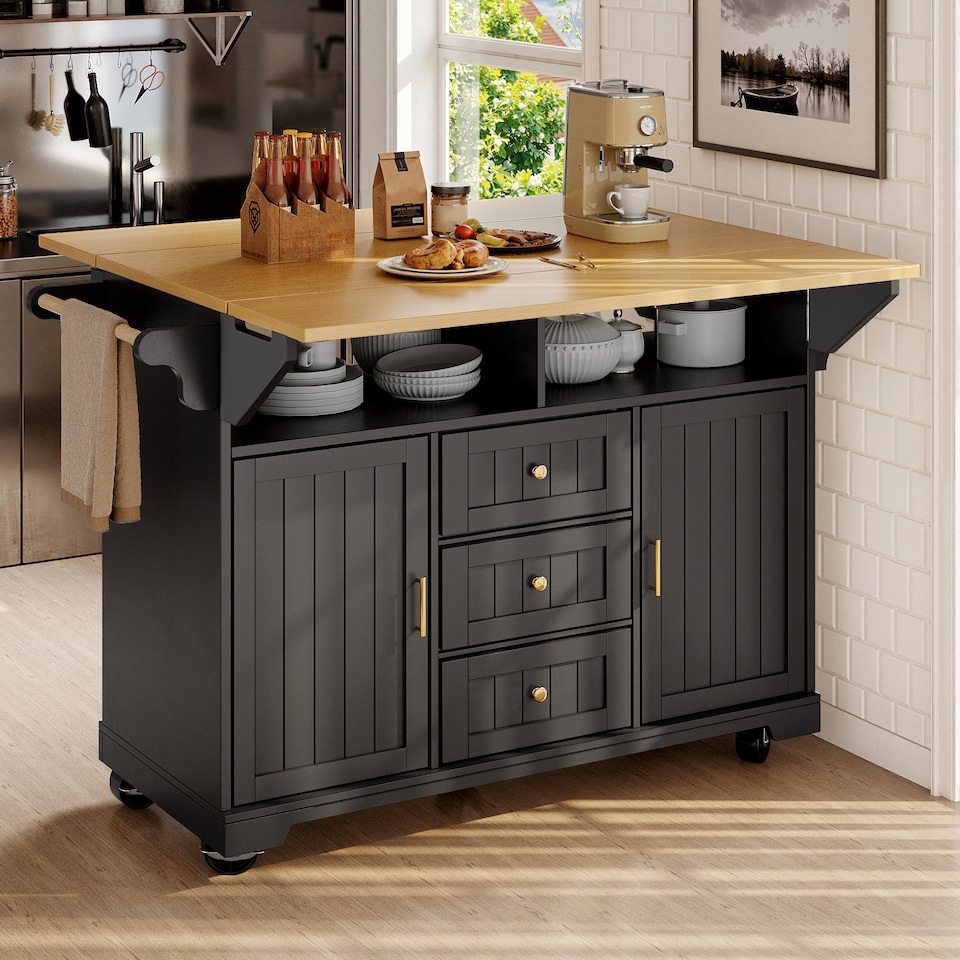 image 1 of VILUXE Kitchen island, cabinet, sideboard 120 x 40 (80) x 95 cm, extendable kitchen trolley with casters, extendable on both sides, with towel rail and spice rack, two doors, three drawers, black/white