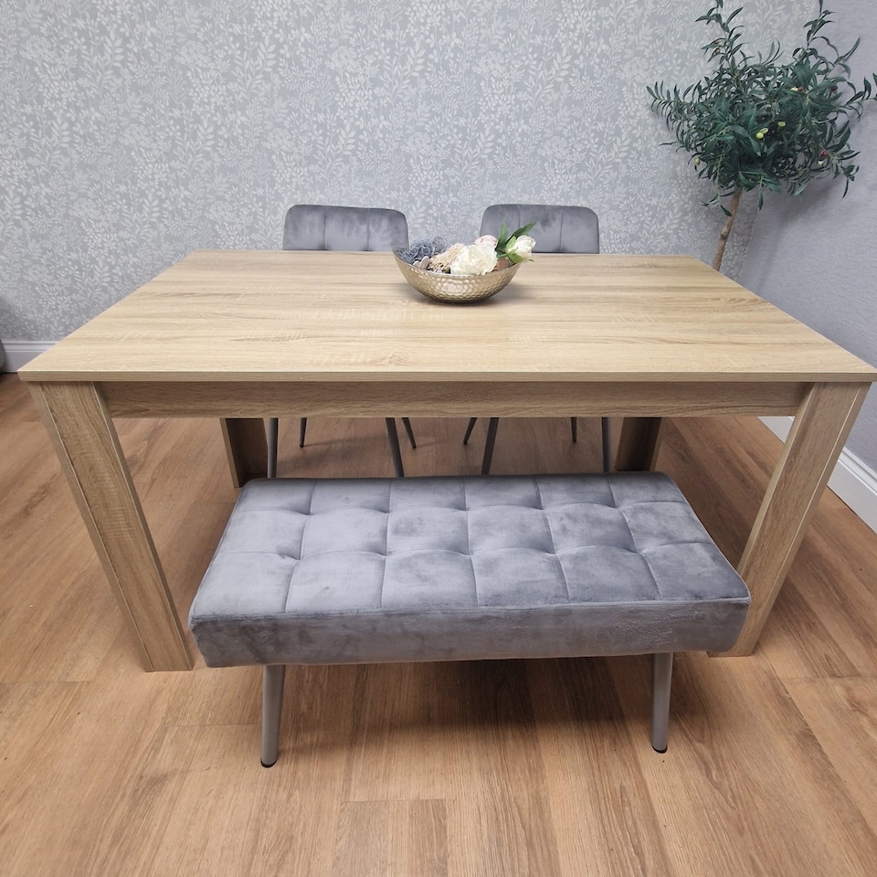 image 1 of Dining Table and 2 Chairs With Bench Oak Effect Wood Table 2 Grey Velvet Chairs Dining Room