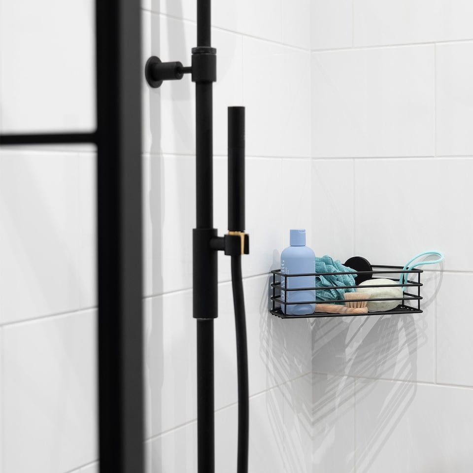 image 1 of BESLAGSBODEN Matt Black Self Adhesive Corner Shower Basket