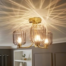 ValueLights Amelie 3 Way Ribbed Glass Gold Ceiling Pendant Light with LED Bulbs