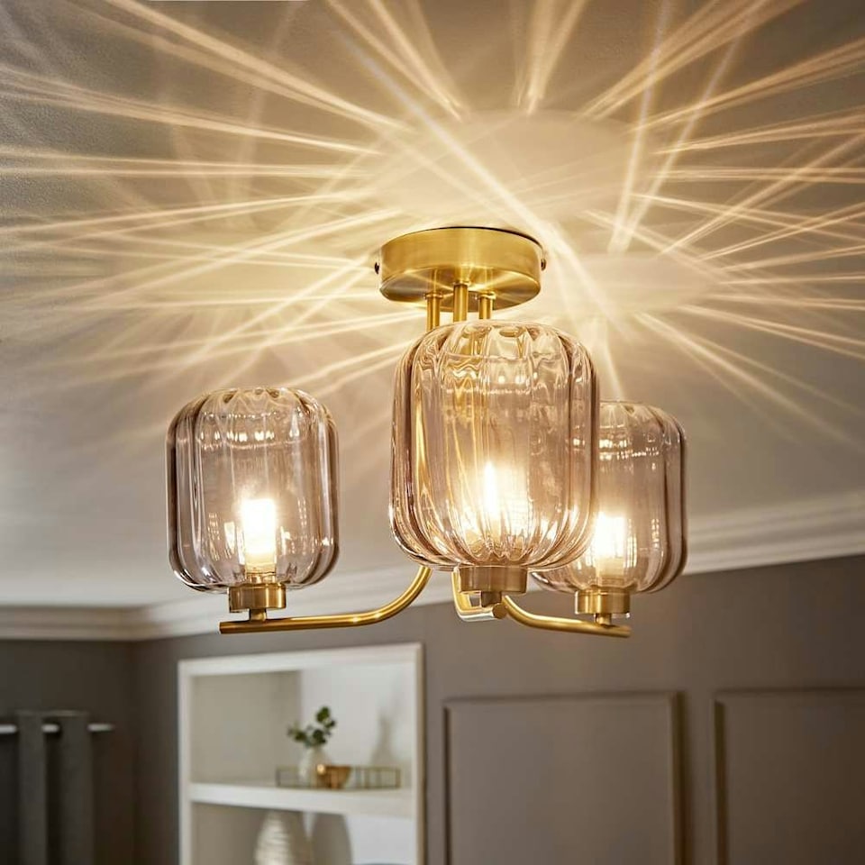 image 1 of ValueLights Amelie 3 Way Ribbed Glass Gold Ceiling Pendant Light with LED Bulbs