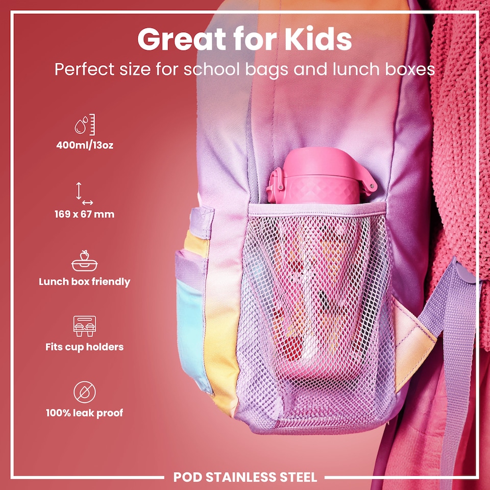 image 1 of Leak Proof Kids Water Bottle, Stainless Steel, 400ml (13oz) | Pink | Ice Creams | One Size