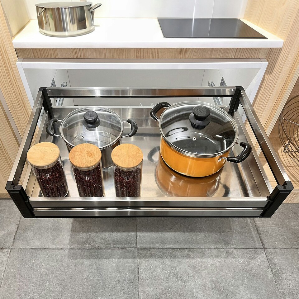 image 1 of Living and Home Stainless Steel Cabinet Pull-Out Basket 51cm W × 43cm D × 7cm H - Silver Chrome | One Size