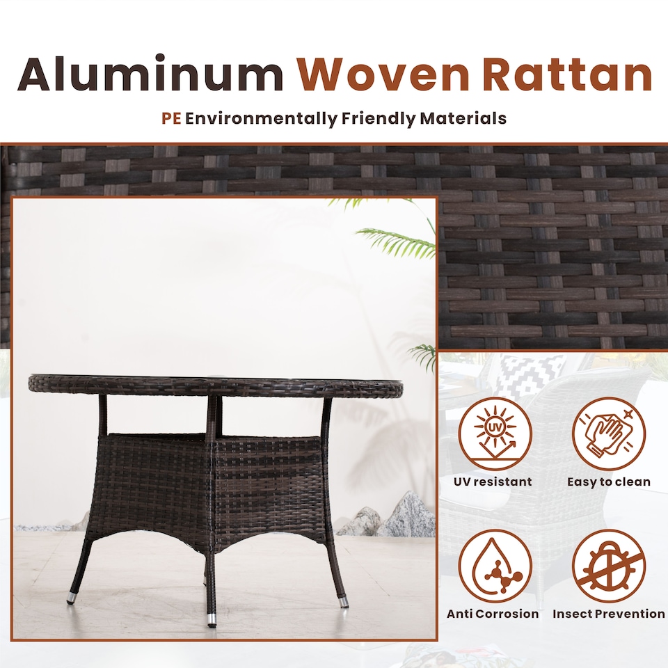 image 1 of Direct Wicker Outdoor 4 Person Rattan Round Dining Table, Aluminum Frame with Tempered Glass Top, Umbrella Hole | Brown