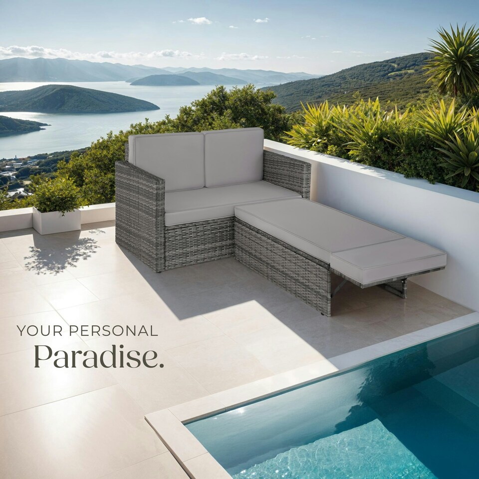 image 1 of Garden Sofa Corfu - 2 seater sofa, stool sun lounger, thick cushions - Grey