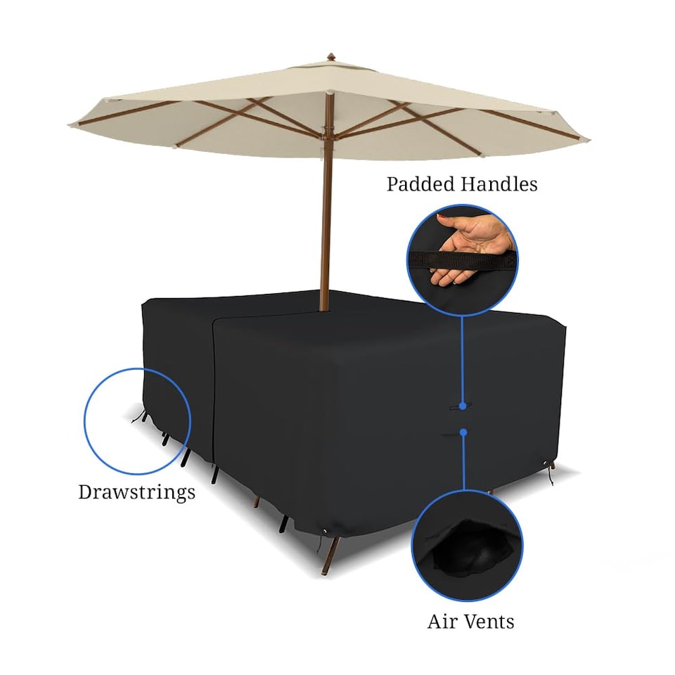 image 1 of Covers&All Rectangle Table & Chair Set Cover, Umbrella Hole, 12 Oz Waterproof UV & Weather Resistant, 108 in L x 82 in W x 23 in H, Black