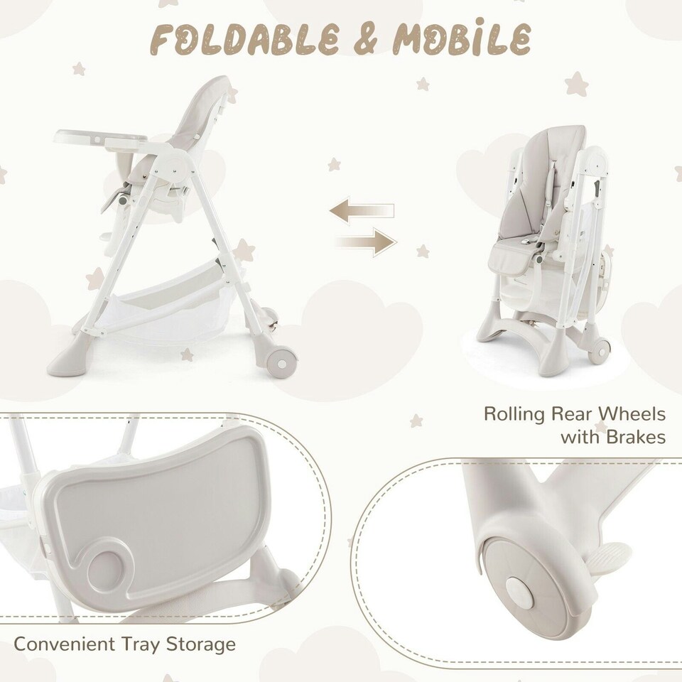 image 1 of COSTWAY Folding Baby High Chair Convertible High Chair Beige