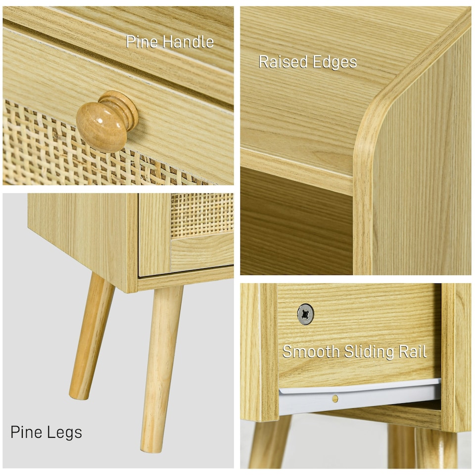 image 1 of Bedside Tables, Set of 2, Boho Side End Table w/ Drawer, Storage Compartment