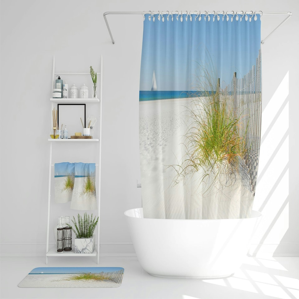 image 1 of Beautiful sand dune fence by sea grass with sailboat on horizon (Bathroom Set)