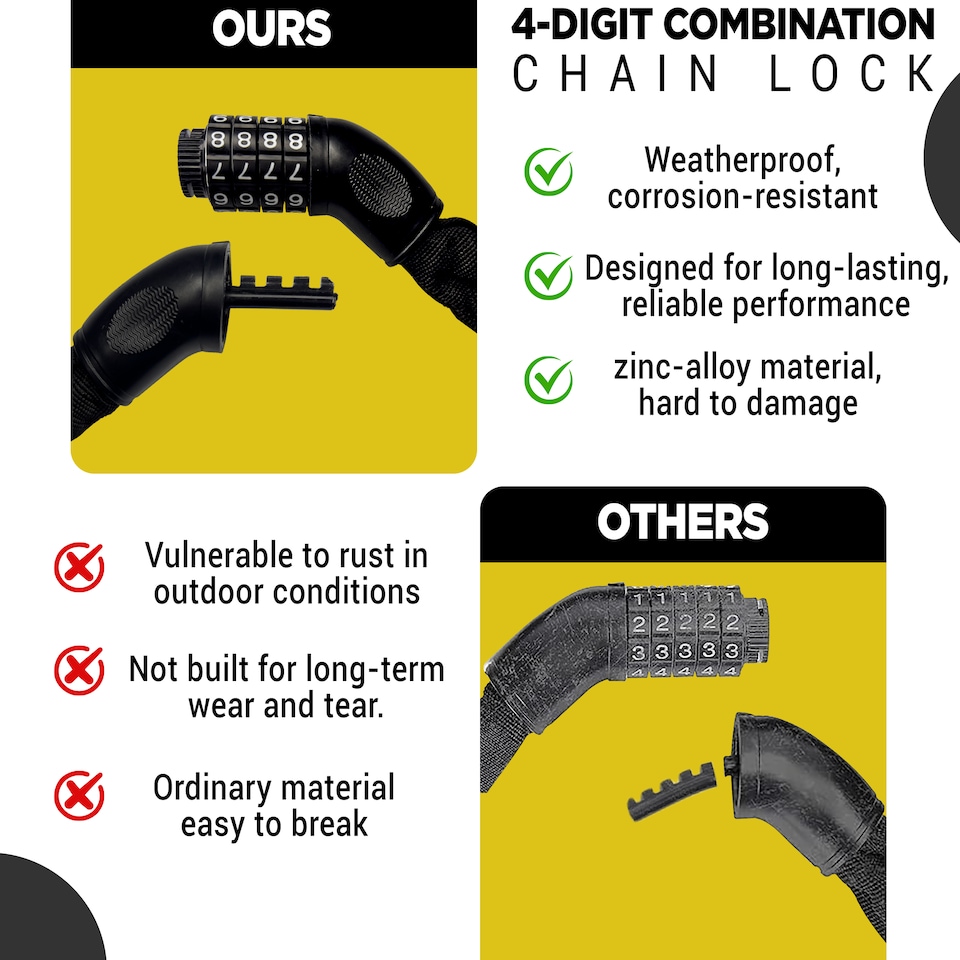 image 1 of Bike Heavy-Duty Chain Lock with 4-Digit Resettable Combination - 8mm x 1.8m