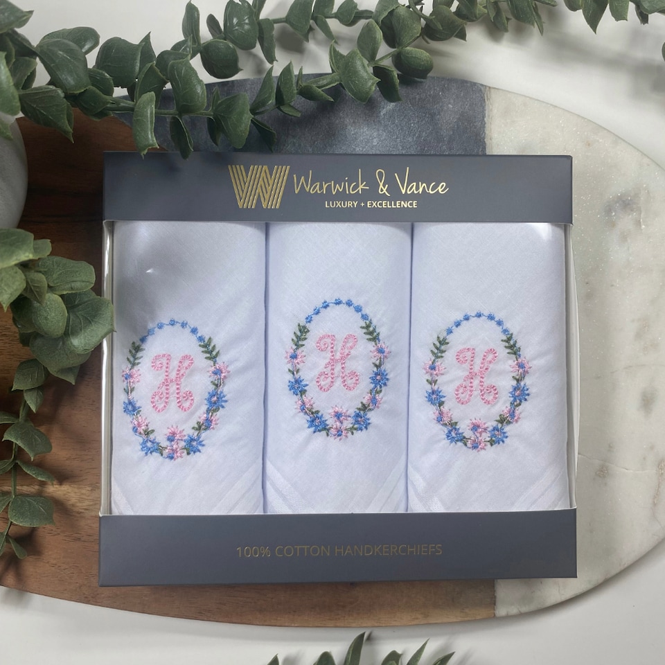 image 1 of Warwick & Vance 3 Pack White Handkerchiefs with Embroidered Framed Initials, Letter G
