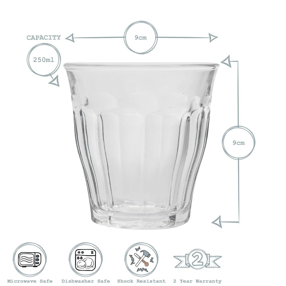 image 1 of Duralex Picardie Drinking Glasses - 250ml Tumblers for Water, Juice - Clear - Pack of 6 Clear