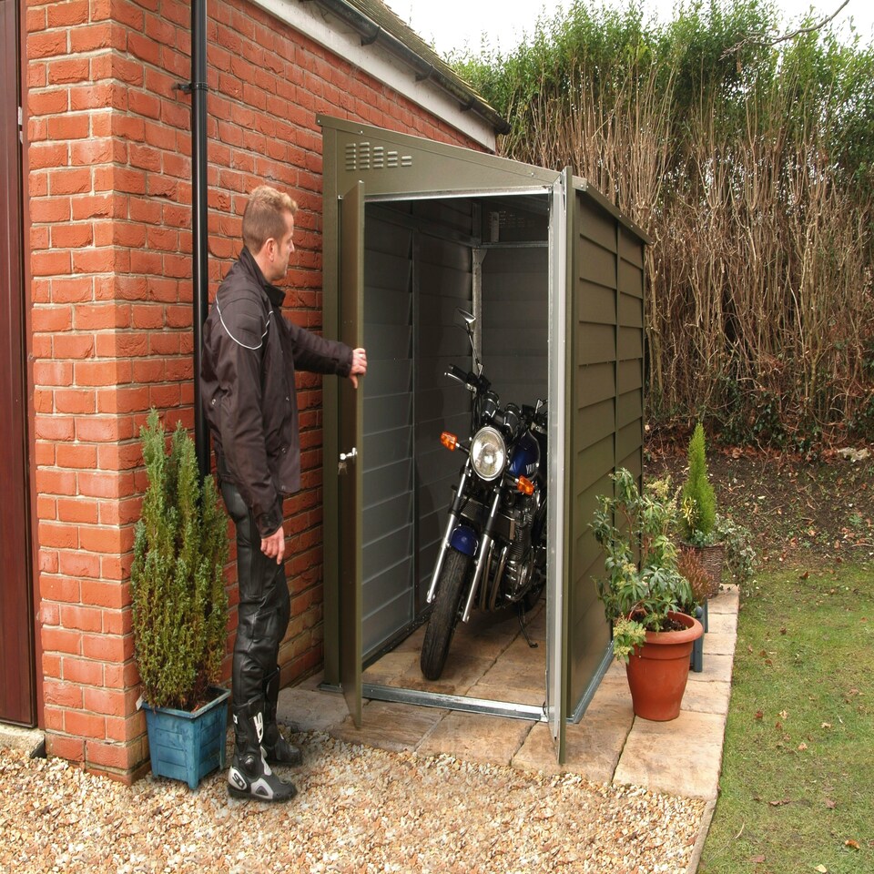 image 1 of 9 x 4 ft Trimetals ProtectaBike 940 Pent Roof Metal Motorcycle Garage - Double Door - Police Approved Grey