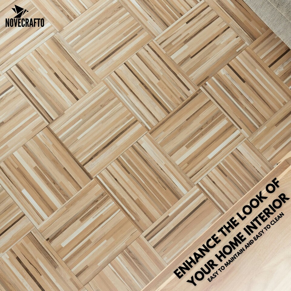 image 1 of NOVECRAFTO Vinyl Floor Tiles Self Adhesive – 12x12in Peel and Stick Flooring for Kitchen, Bathroom & Living Room – Beige Brown Wooden Stripes Design Brown | 2.79 sqm