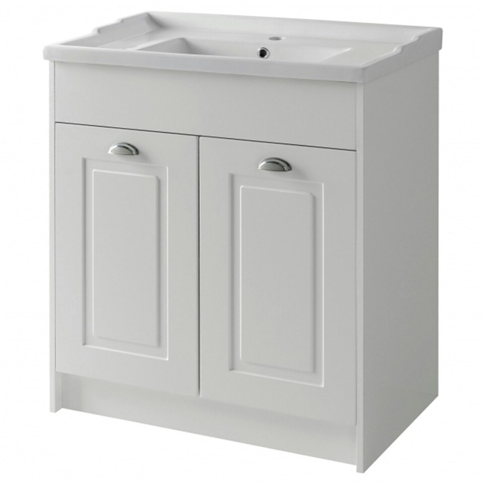 image 1 of Traditional Bathroom Floor Standing 2 Door Vanity Unit and Ceramic Basin 800mm - White - (Aberdeen) Brassware Not Included | White | White | 1