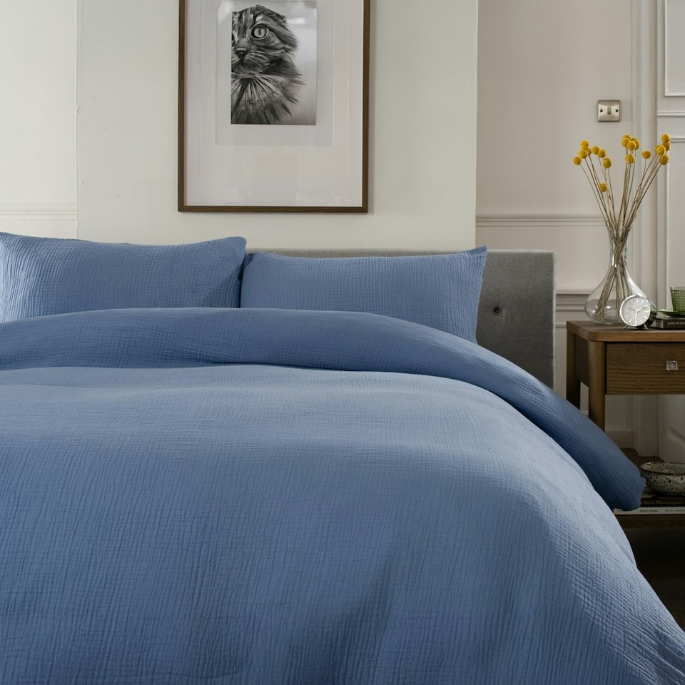 image 1 of St Quentin 100% Cotton Double Gauze Duvet Cover Set - Soft & Breathable Bedding - 180 Thread Count Blue | Denim | Single