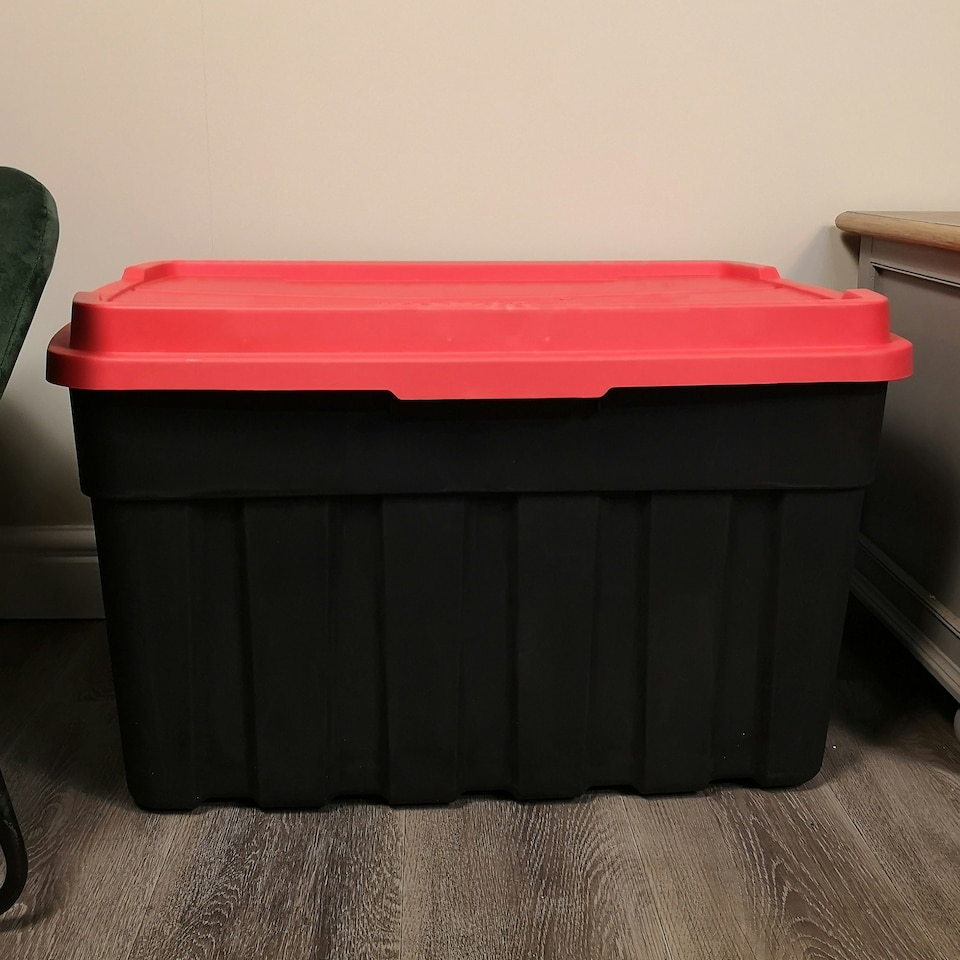 image 1 of 140L Black and Red Tuff Stackable Storage Box with Lid and Carry Handles Black